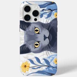 Funda Para iPhone 15 Pro Max Gato Azul Ruso Flores Amarillas
