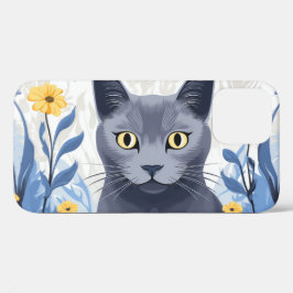 Funda Para iPhone 12 Pro Gato Azul Ruso Flores Amarillas