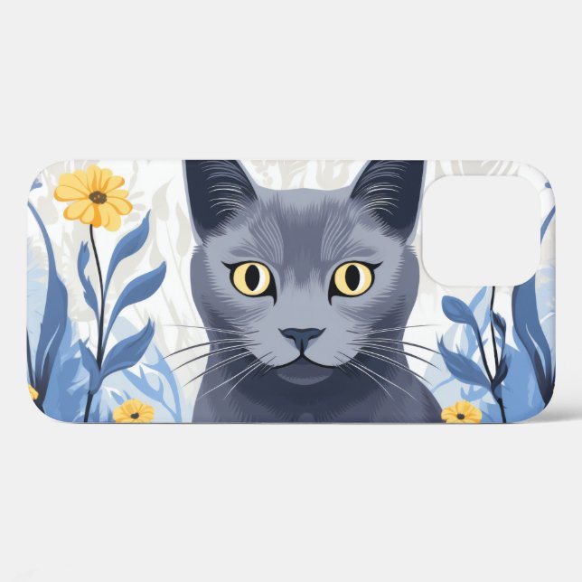 Funda De Case-Mate Para iPhone Gato Azul Ruso Flores Amarillas (Reverso (Horizontal))