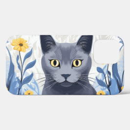 Funda Para iPhone 12 Gato Azul Ruso Flores Amarillas