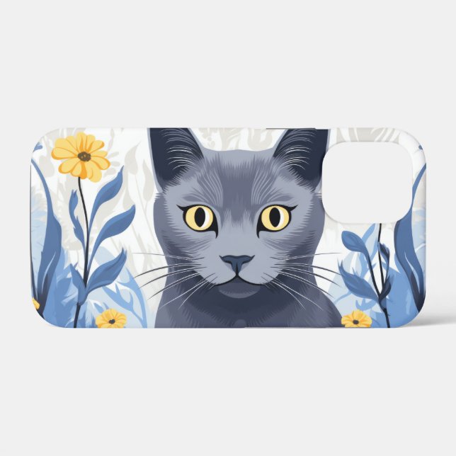 Funda De Case-Mate Para iPhone Gato Azul Ruso Flores Amarillas (Reverso (Horizontal))