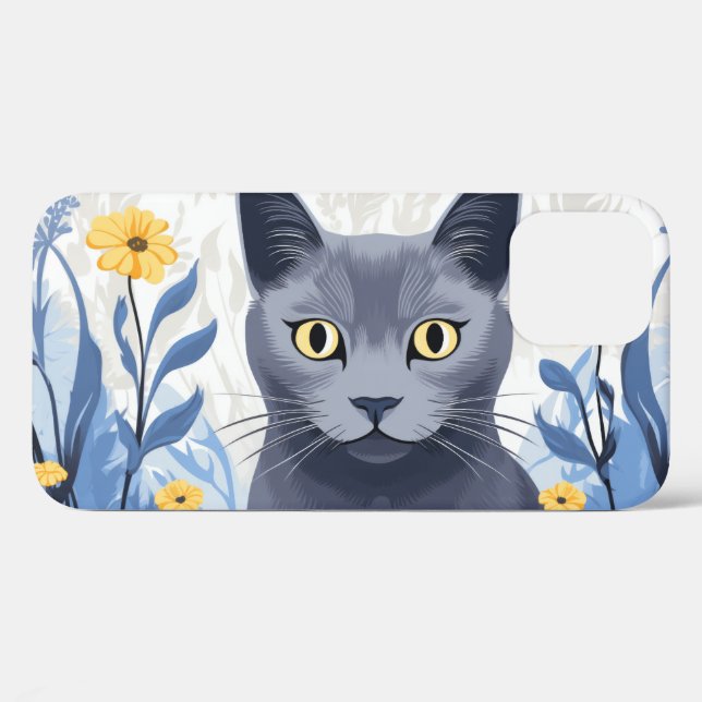 Funda De Case-Mate Para iPhone Gato Azul Ruso Flores Amarillas (Reverso (Horizontal))