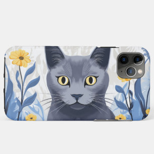 Funda Para iPhone 11 Pro Max Gato Azul Ruso Flores Amarillas