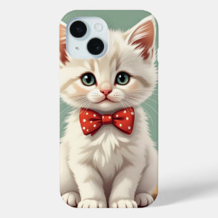 Funda Para iPhone 15 Gato blanco adorable y lindo con corbata de moño