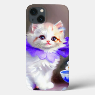 Funda Para iPhone 13 Gato blanco con pintura de cuello de flores morada