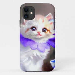 Funda Para iPhone 11 Gato blanco con pintura de cuello de flores morada