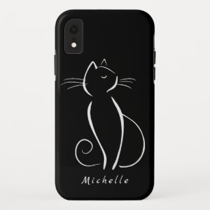 Funda Para iPhone XR Gato blanco minimalista en negro Añadir nombre