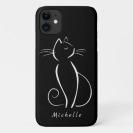 Funda Para iPhone 11 Gato blanco minimalista en negro Añadir nombre