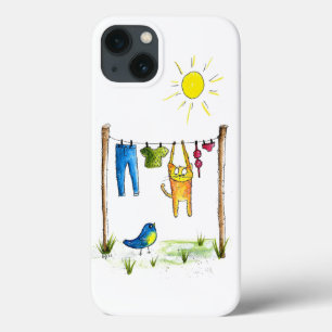 Funda Para iPhone 13 Gato caprichoso en la línea de la ropa