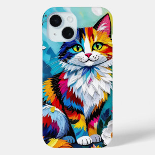Funda Para iPhone 15 Gato Colorido y Mariposa