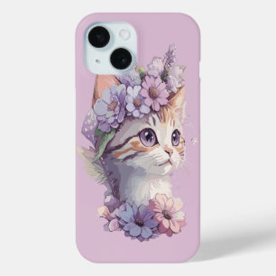 Funda Para iPhone 15 Gato de acuarela violeta lindo con flora