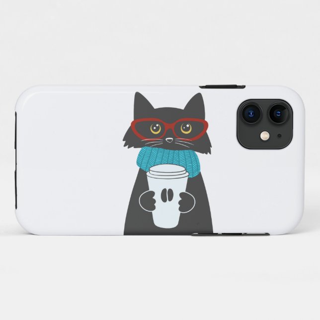Funda De Case-Mate Para iPhone Gato de gafas sosteniendo una taza de café (Reverso (horizontal))