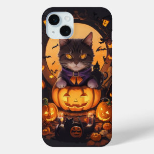 Funda Para iPhone 15 Mini Gato de Halloween y Calabaza