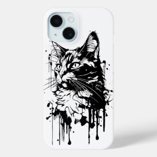 Funda Para iPhone 15 Gato de salpicadura en blanco y negro