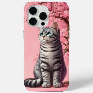 Funda Para iPhone 15 Pro Max Gato de Tabby Gato Gatito japonés Flor de cerezo G