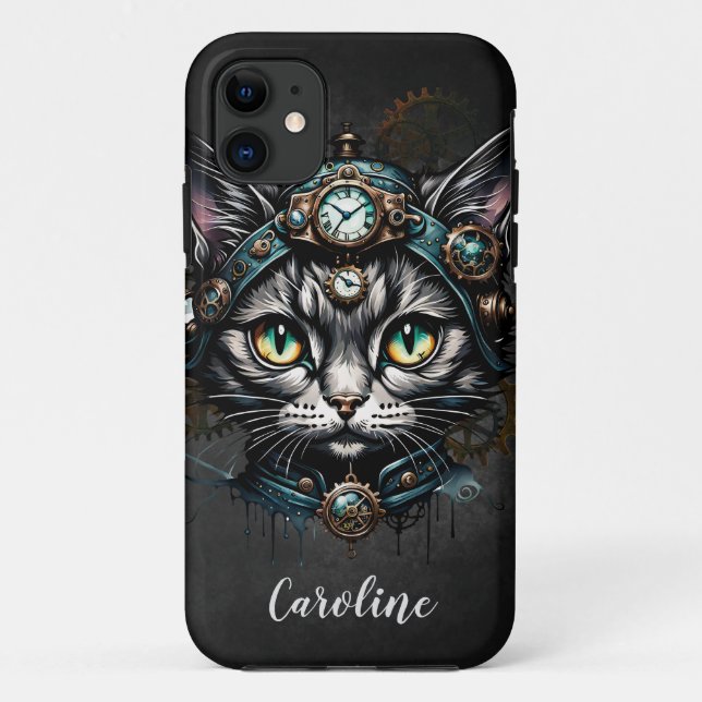 Funda De Case-Mate Para iPhone Gato de vapor con relojes y marchas. (Reverso)