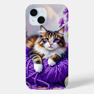 Funda Para iPhone 15 Gato en hilo púrpura y flores
