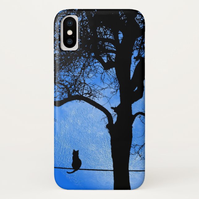 Funda De Case-Mate Para iPhone Gato en una luna azul con cable (Reverso)