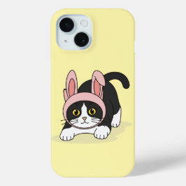 Funda Para iPhone 15 Gato Esmoquin Adorable con Gorro de Conejo Rosa Es