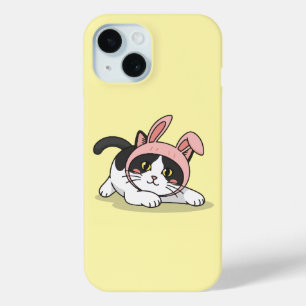 Funda Para iPhone 15 Gato esmoquin adorable con sombrero de conejo rosa