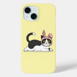 Funda Para iPhone 15 Gato esmoquin adorable con sombrero de conejo rosa