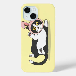 Funda Para iPhone 15 Gato esmoquin adorable con sombrero de conejo rosa