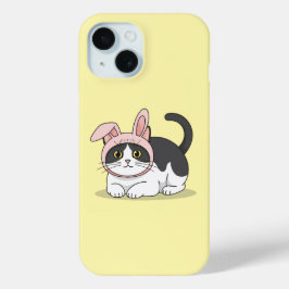 Funda Para iPhone 15 Gato esmoquin adorable con sombrero de conejo rosa