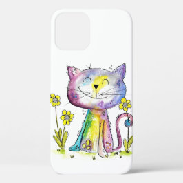 Funda Para iPhone 12 Gato feliz y caprichoso con flor amarilla