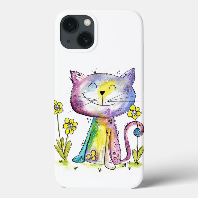 Funda De Case-Mate Para iPhone Gato feliz y caprichoso con flor amarilla (Reverso)
