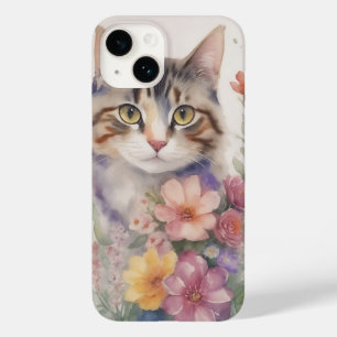 Funda Para iPhone 14 De Case-Mate Gato floral a la acuarela lindo