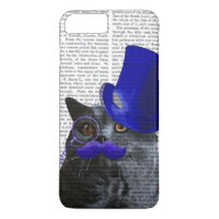 Gato gris con sombrero azul superior y bigote azul