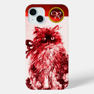 Funda Para iPhone 15 Mini GATO KITTY - KITTEN CON Monograma ROJO Gemstone