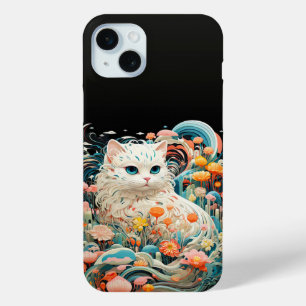 Funda Para iPhone 15 Mini Gato lindo con flores Corte de papel