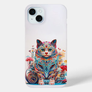 Funda Para iPhone 15 Mini Gato lindo con flores Corte de papel