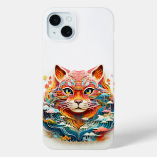 Funda Para iPhone 15 Mini Gato lindo con flores Recorte de papel