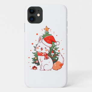 Funda Para iPhone 11 Gato lindo con sombrero de Santa cerca del árbol d
