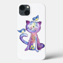 Funda Para iPhone 13 Gato malva chiflado con pájaros