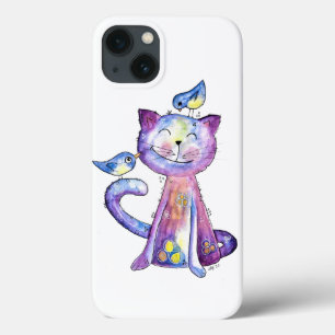 Funda Para iPhone 13 Gato malva chiflado con pájaros