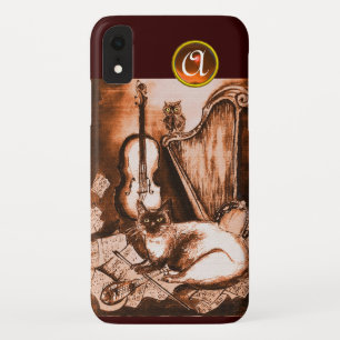 FUNDA PARA iPhone XR GATO MUSICAL CON OWL EN MONOGRAMA SEPIA BROWN