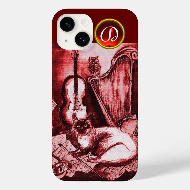 FUNDA DE Case-Mate PARA iPhone GATO MUSICAL CON OWL EN ROJO GEM MONOGRAM (Reverso )