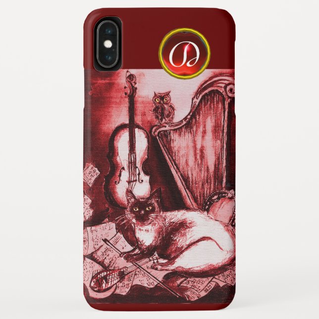FUNDA DE Case-Mate PARA iPhone GATO MUSICAL CON OWL EN ROJO GEM MONOGRAM (Reverso)