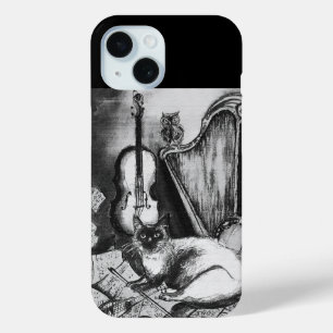 Funda Para iPhone 15 GATO MUSICAL, OWL,VIOLIN,HARP Black White Gray Mus