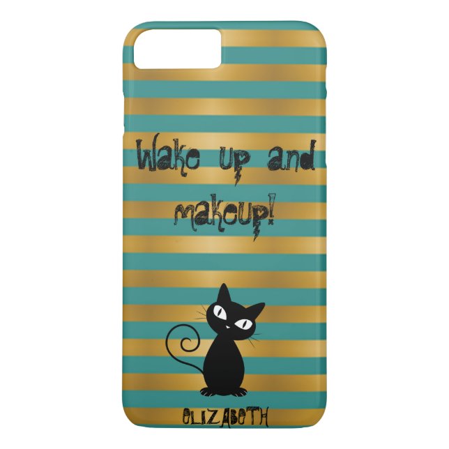 Funda De Case-Mate Para iPhone Gato negro caprichoso, despierto a rayas y maquill (Reverso)