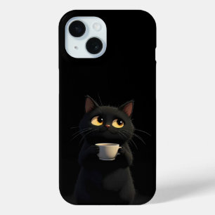 Funda Para iPhone 15 Gato negro con café Mug Estuche para iPhone divert