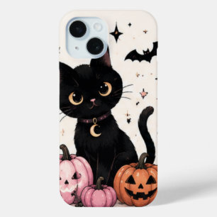 Funda Para iPhone 15 Gato negro con collar de luna de calabaza rosa