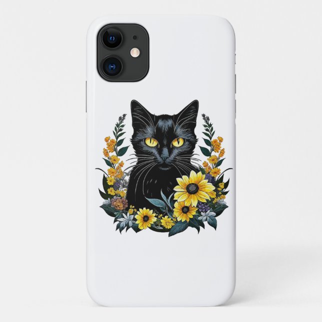Funda De Case-Mate Para iPhone gato negro con flores (Reverso)