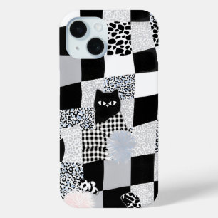 Funda Para iPhone 15 Gato Negro Cuadrillé Patrón Cuadros Mezclados Chee