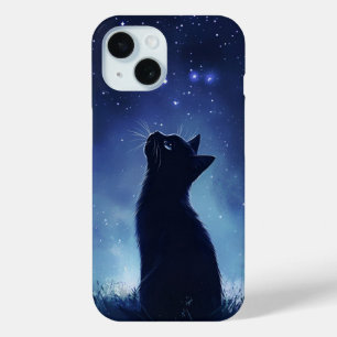 Funda Para iPhone 15 Gato negro en mágico prado estelar