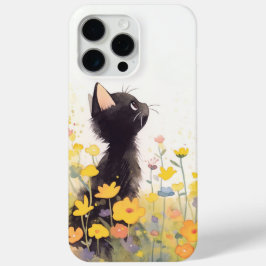 Funda Para iPhone 15 Pro Max Gato negro entre las flores