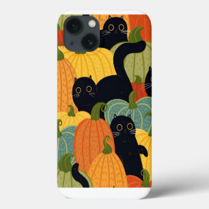 Funda Para iPhone 13 Gato negro lindo y calabaza Patrón Halloween conti